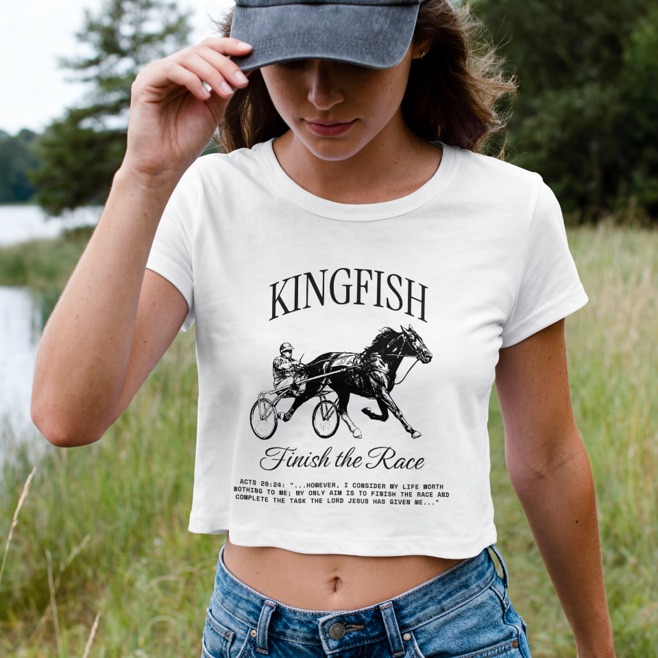 Kingfish Finish the Race Crop Top — Vintage Harness Racing Graphic