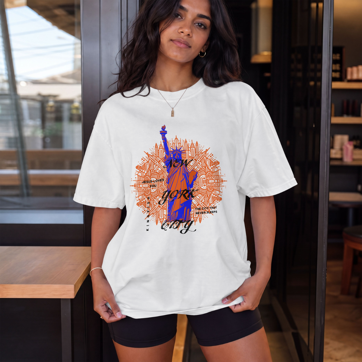 New York City Skyline Unisex T-Shirt — Retro Statue of Liberty - Jesus Loves You - Graphic Tee