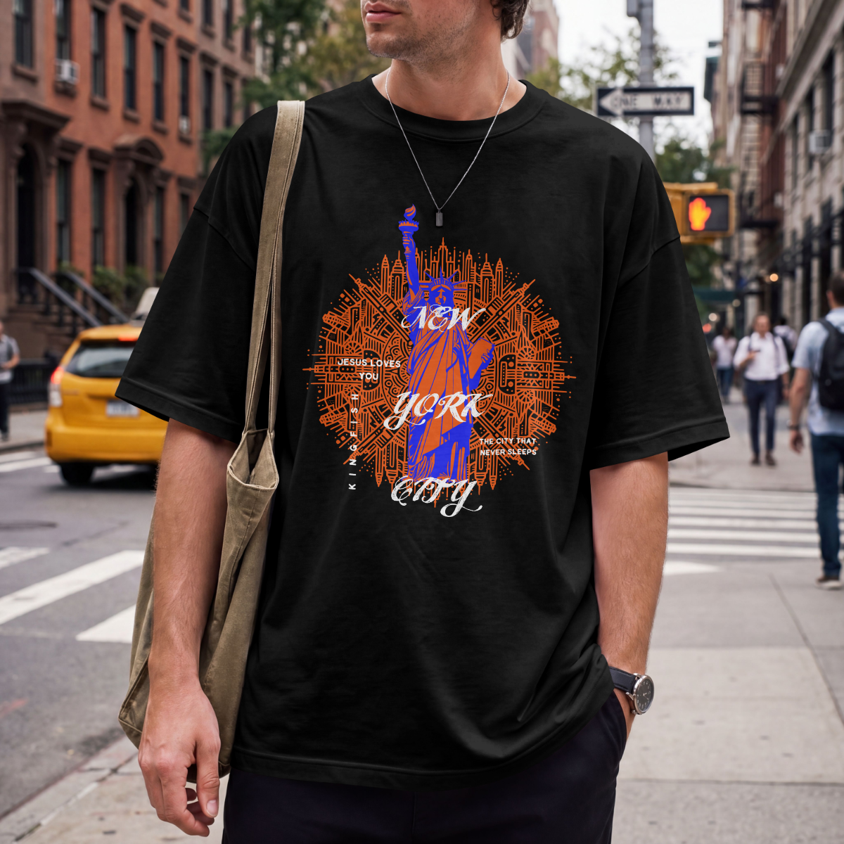 New York City Skyline Unisex T-Shirt — Retro Statue of Liberty - Jesus Loves You - Graphic Tee